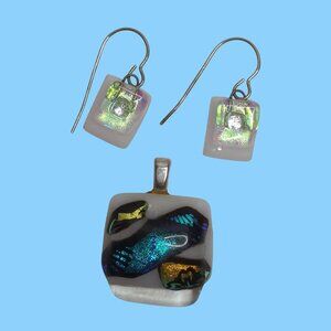 Handmade Fused Glass Pendant & Earrings Set With Multicolor Iridescent Design